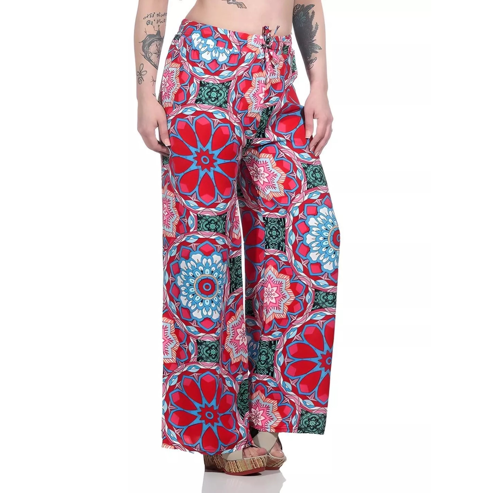 Ladies loose fit palazzo trousers wide leg boho style pants with multicolour floral mandala print high waist drawstring summer fashion